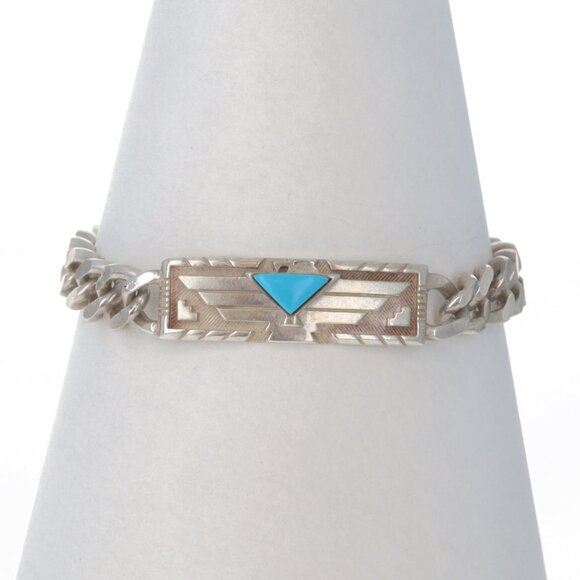 Native American Southwestern Turquoise Bar Bracelet 7 3/4" - Ster 925 Geometric - Picture 1 of 6
